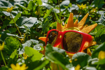 Yellow sunglasses on sun toy on green grass, summer is coming concept
