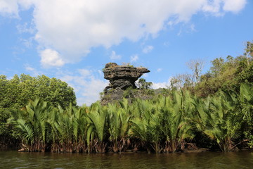 Karst stones are located on the banks of the river in Rammang-rammang Tourism Village, Maros Regency, South Sulawesi