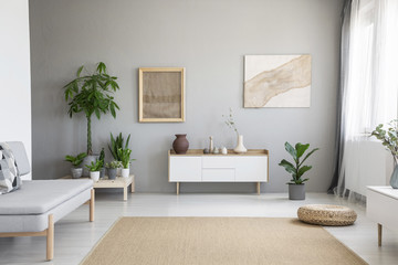 Posters on grey wall above white cupboard in living room interior with plants and sofa. Real photo