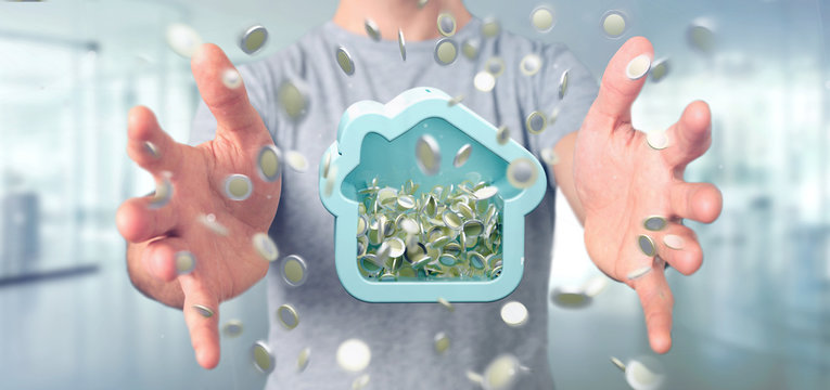 Man Holding A House Moneybox With Coin Surrounding All Over 3d Rendering