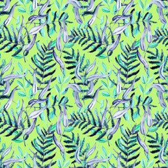Seamless Realistic Watercolor Greenery Pattern. Hand Drawn Leaves and Branches Print. Summer, Spring Forest Herbs, Plants Texture. Foliage in Vintage Style. Nature Eco Friendly Concept. Textile.