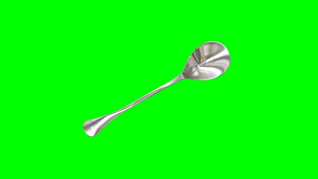Animated rotating around y axis simple shining silver sugar spoon against green background. Full 360 degree spin, loop able and isolated.