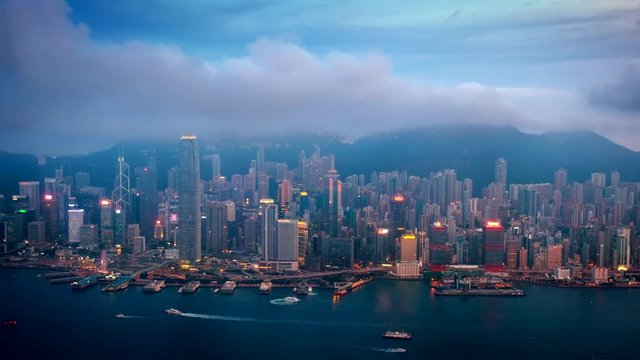 View of illuminated Hong Kong skyline. Hong Kong, China