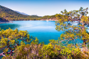 Amazing Mediterranean seascape in Turkey. Bright spring view of a small azure bay near the Tekirova village, District of Kemer, Antalya Province.