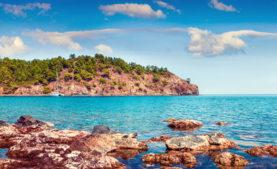 Picturesque Mediterranean seascape in Turkey. Bright view of a small azure bay near the Tekirova village, District of Kemer, Antalya Province