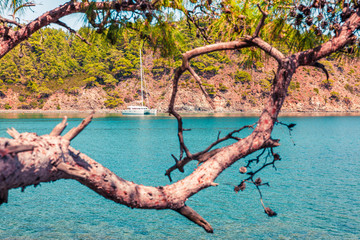 Picturesque Mediterranean seascape in Turkey. Bright spring view of a small azure bay near the Tekirova village, District of Kemer, Antalya Province.