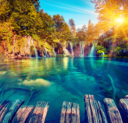 Colorful summer morning in the Plitvice Lakes National Park.