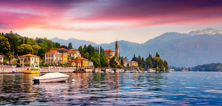 View of the city Mezzegra, colorful evening on the Como lake