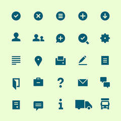 25 icons for web services. Filled. Blue on light-green.