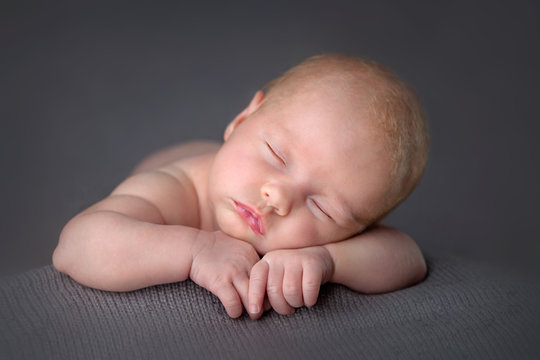 Newborn Baby Girl On Gray Knit Blanket Folded Hands