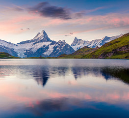 Fototapeta na wymiar Schreckhorn mountain reflected in Bachalpsee lake
