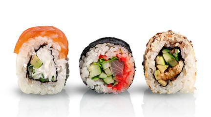 Various sushi rolls in a row