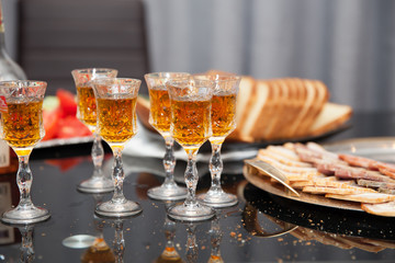 Glasses for cognac and whiskey, arrangen with food