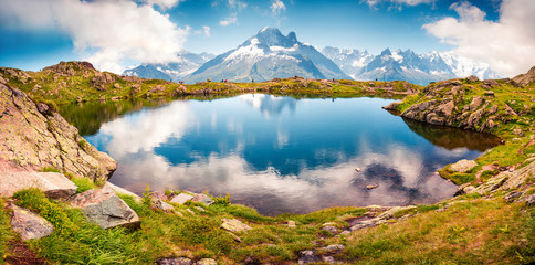 Colorful summer view of the Lac Blanc lake with Mont Blanc (Monte Bianco) on background