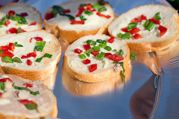 Variety of mini sandwiches with cheese cream, vegetables  roasted cherry tomatoes, olives, cucumber, spring onions, paprika, basil and other herbs. Fresh appetizer canape at the picnic outdoors