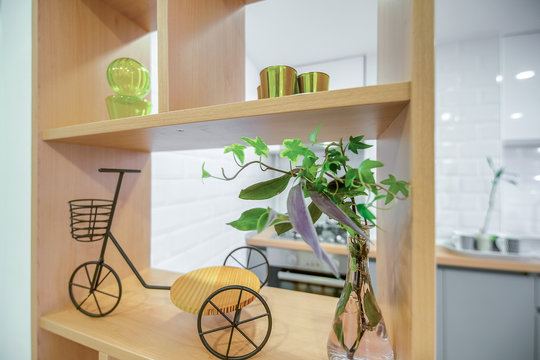 Decorative Vintage Look Bicycle, Green Herbs And Flowers And Candles  Standing In Bookshelf. Cozy Atmosphere In Home Or Apartment, In Hallway Next To Kitchen. Concept Of Ecology, Green Lifestyle  