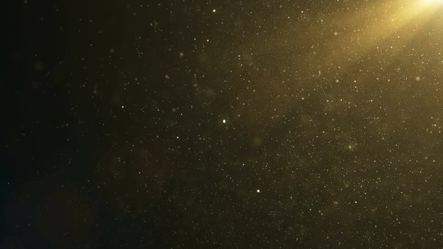 Beautiful Gold Floating Dust Particles with Flare on Black Background in Slow Motion. Looped 3d Animation of Dynamic Wind Particles In The Air With Bokeh. 4k Ultra HD 3840x2160
