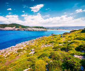 Wonderful spring view of Voidokilia beach. Bright morning scene of the Ionian Sea, Pilos town...