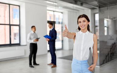 real estate business, sale and people concept - happy smiling realtor or businesswoman with folder...