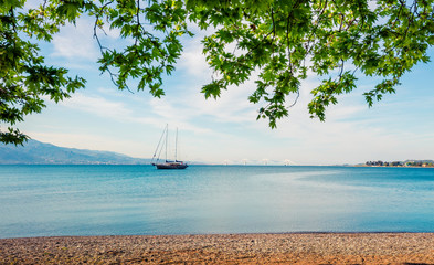 Beautiful spring view of the Nafpaktos shore. Fantastic morning scene of the Gulf of Corinth,...