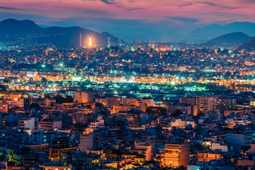 Fototapeta na wymiar Colorful evening view of Athens, capital of Greece, Europe. Fantastic spring sunset in the big sity. Traveling concept background. Artistic style post processed photo.