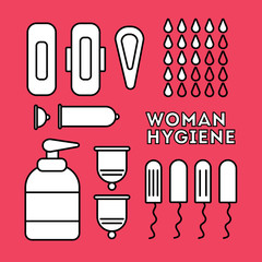 Flat icons. Feminine hygiene (sanitary napkin, tampon, menstrual cup, soap for intimate hygiene). vector illustration