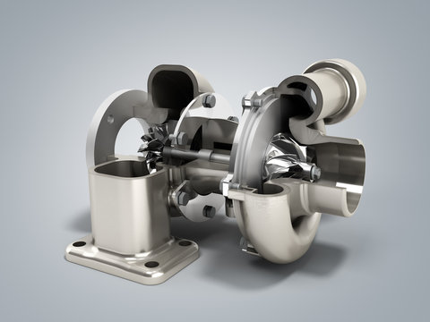 Automotive turbocharger turbine 3d render on grey