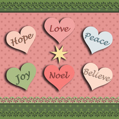 Christmas word hope joy love believe peace noel on hearts