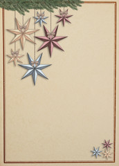 Vintage christmas card with stars hanging from a spruce branch