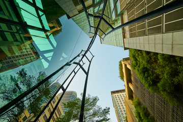 Low Angle Shot von modernen Glasgebäuden und grün mit klarem Himmelshintergrund.