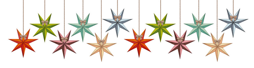 Fototapeta premium Vintage christmas stars in a super long row isolated on white