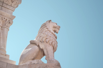 a large stone lion. "Fishermen's Bastion" is a tourist center.