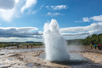 Strokkur, Iceland, active geyser, Golden Circle, alongside Gullfoss Waterfall and Þingvellir National Park, eruption