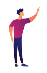 Manager pointing out something. Business presentation or showing, advertising goods and sales, giving lecture ana seminar concept. Isolated on white background.