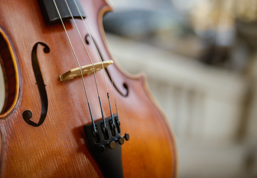 Detail of violin. Selective focus with shallow depth of field.