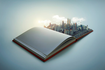 Early morning beautiful scene of modern city skyline pop up in the open book pages.