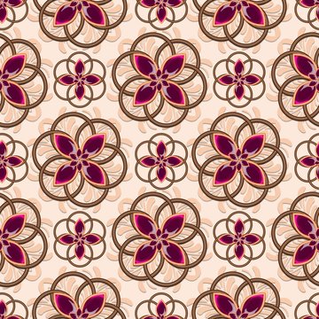 3d beautiful design with jewelry on brown background.Seamless pattern with floral design. Regular texture with glass  flowers.