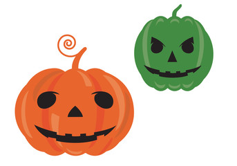 Set of flat design illustrations of pumpkins with mouth, nose and eyes, isolated on white background - suitable for Halloween party invitation