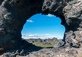 Lava window at Dimmuborgir, Myvatn area - Iceland. The Dimmuborgir area is composed of various...