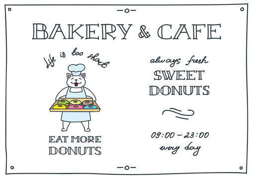 Bakery and cafe. Donut shop flyer template with cute cat baker. Can be used for invitation and promo. Vector illustration 8 EPS