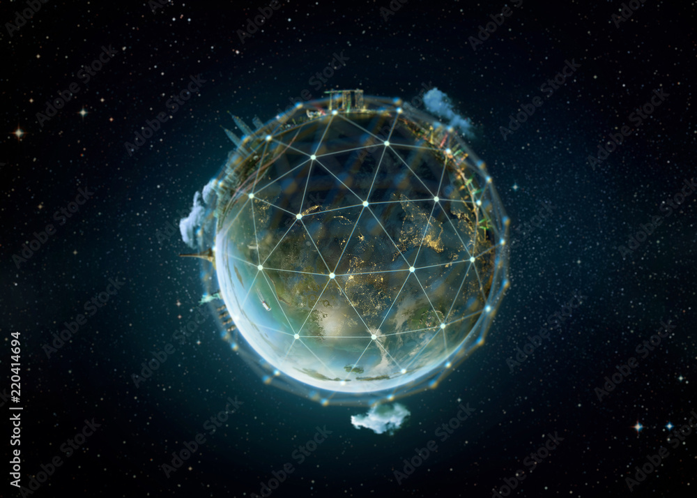 Poster abstract digital earth globe with connection data network surrounding, global international conveyin