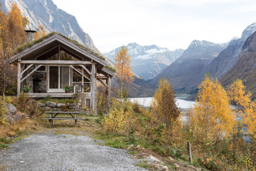 norwegian fjord with typical old house with grass roof soden, norway, europe, urke city