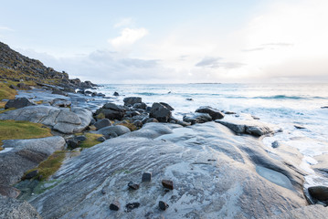 norwegian uttakleiv beach, long time exposure, sunset, white sand beach, norway, europe, lofots, lofoten