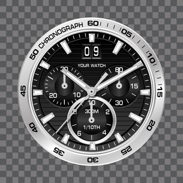 Silver watch clock chronograph face luxury on grey checkered background vector illustration.
