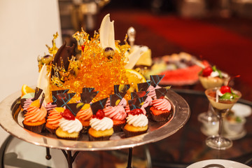 Butter Cream Cupcakes Assortment on silver tray with candy art decor. Hotel restaurant food catering service buffet cocktail banquet for wedding ceremony, seminar, meeting, conference, party or event