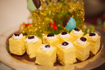 hotel restaurant food catering service buffet banquet for wedding ceremonies, seminars, meetings, conferences, parties or events. Fresh bakery cake pastry in silver tray with colorful candy decor.