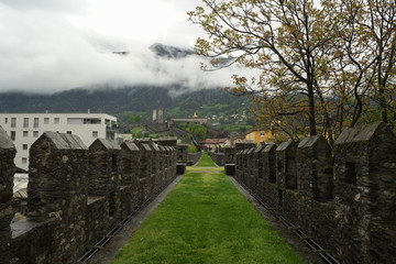 BELLINZONA, SWITZERLAND - APRIL 2013; Medieval walls of Montebelloi fortress