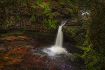 Naklejka premium The top section of Sgwd Clun Gwyn waterfall from the west bank, on the Mellte river, near Pontneddfechan in South Wales, UK. 