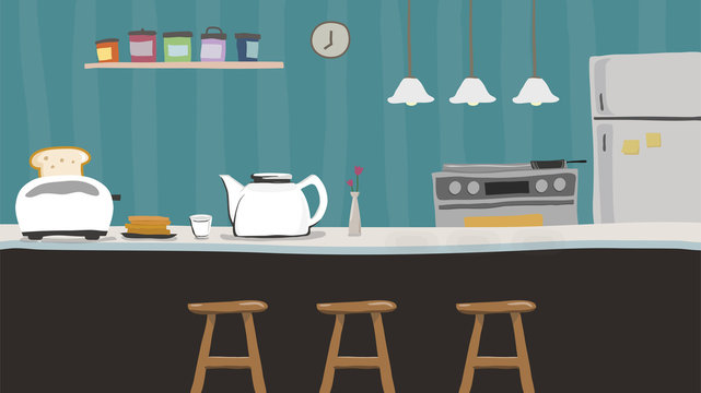 kitchen counter with teapot, flower vase, toaster children vector