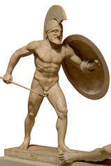 Roman ancient sculpture of warrior. Isolated on white background